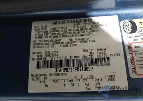 2009 Ford Fusion Se из США, поврежденный, VIN 3FAHP07Z49R110099